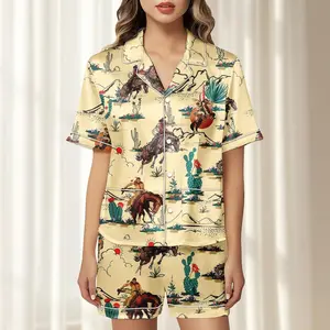 Western Cowboy Satin Pajamas Short Set, Vintage Rodeo Matching Pjs, Desert Horse Nightwear, Country Lounge Outfit, Gift For Her