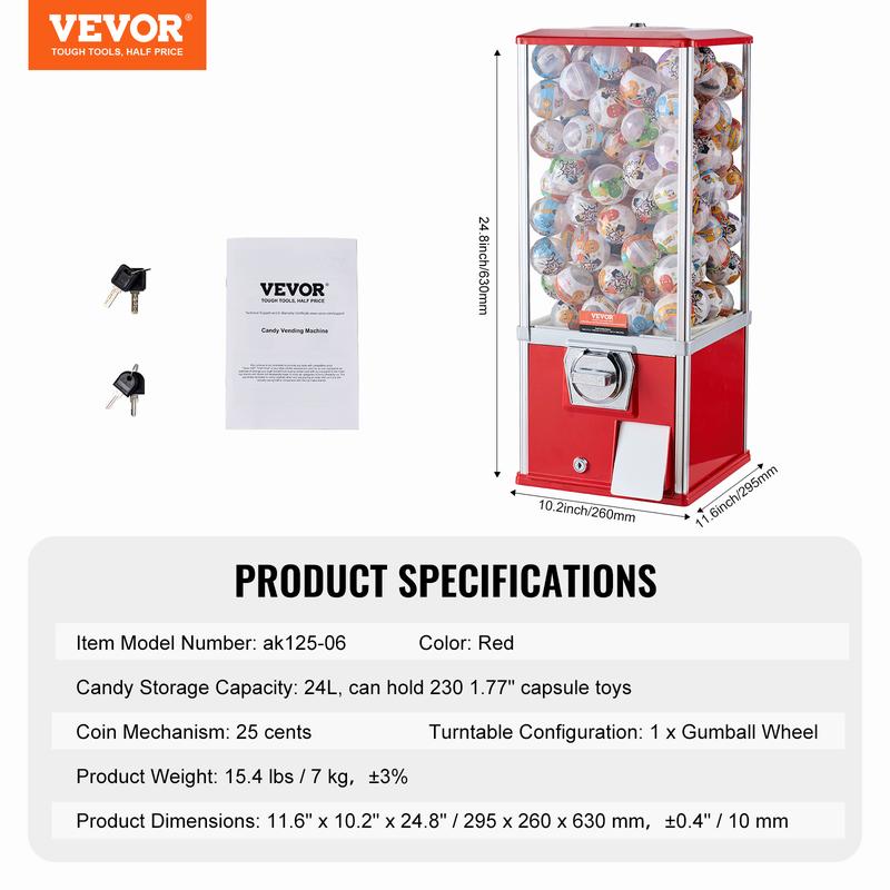 VEVOR Gumball Machine for Kids,  , 25" Height Home Vending Machine, PS Bouncy Balls Dispenser, Hold 230 Capsule Toys, Rectangle Bubble Gum Machine for Game Stores, Coin Operated Gumball Bank, Red