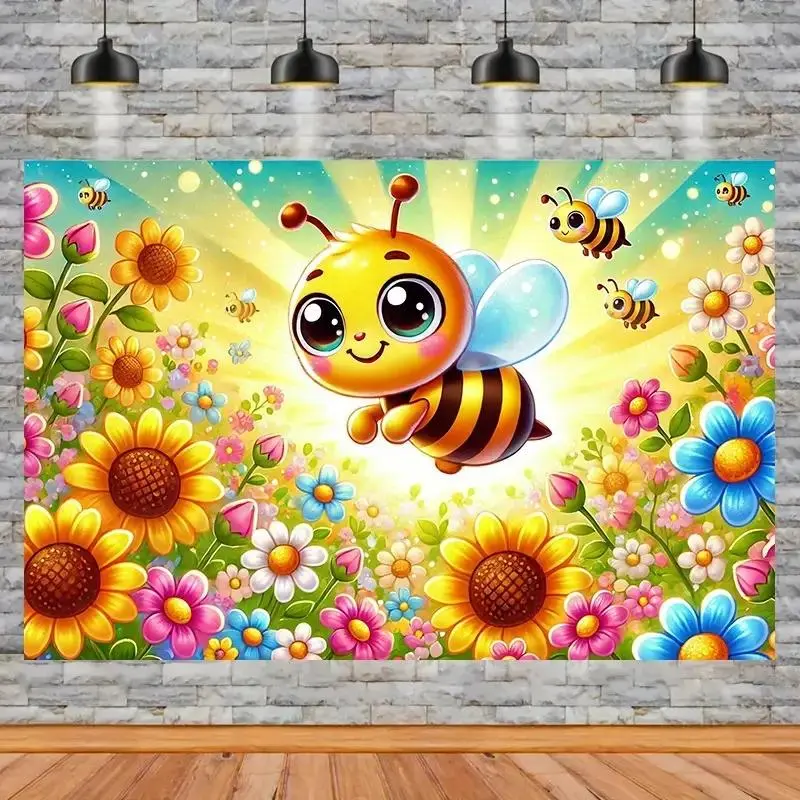 Floral & Bee Pattern Backdrop, Cute Bee Background Banner, Background, Wall Decoration for Birthday Party & Anniversary Celebration, Flower