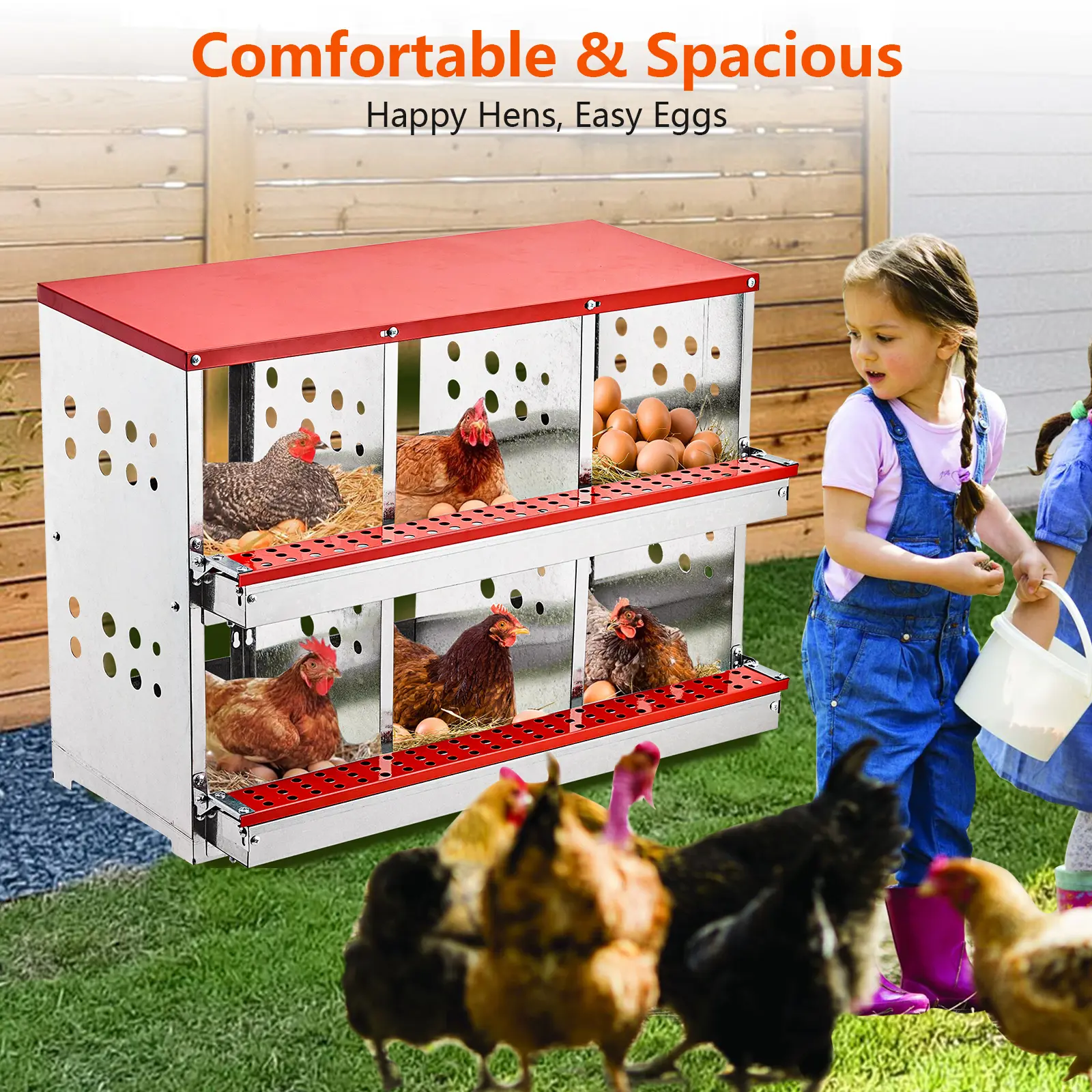 6-Hole Metal Chicken Nesting Boxes, Wall Mount Poultry Laying Boxes with Egg Collection System for Chickens, Hens and Ducks (6 Compartments)