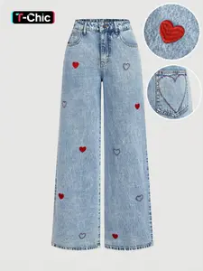 Embroidered Heart Street Style High Waisted Denim Jeans for Valentine's Day, Comfy Elastic Waist Design, Charming, Cute and Elegant Casual Look, Streetwear, Pants, Womenswear, Embroidery Jeans