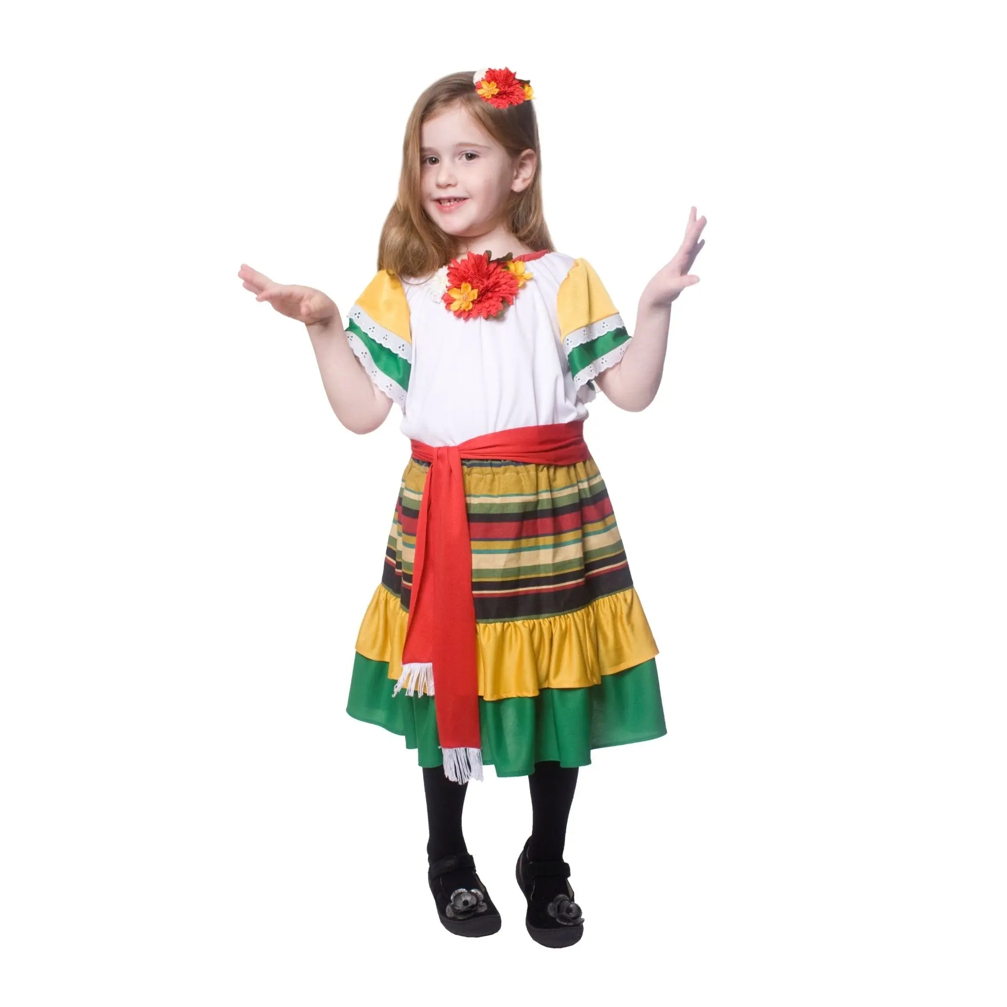 Mexican Dancer Costume Set For Kids - Multi-Colored Dress With Sash & Hair Pin Perfect for Halloween, Pretend Play Fun, Theme Party & Cosplay Costume Party