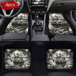 4pcs Skull Pirate Ship Wave Pattern Car Floor Mats Set, Anti-Slip Wear-Resistant Universal Carpet Foot Pads, Durable Auto Interior Accessories