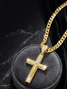 Elarique  14K Real Gold-Plated Cuban Chain, Figaro Chain, Miami Cross Chain, With Jesus Christ Cross Pendant, Length 24Inch, Width 6Mm, Hand-Polished And Multi-Electroplated For Daily Wear