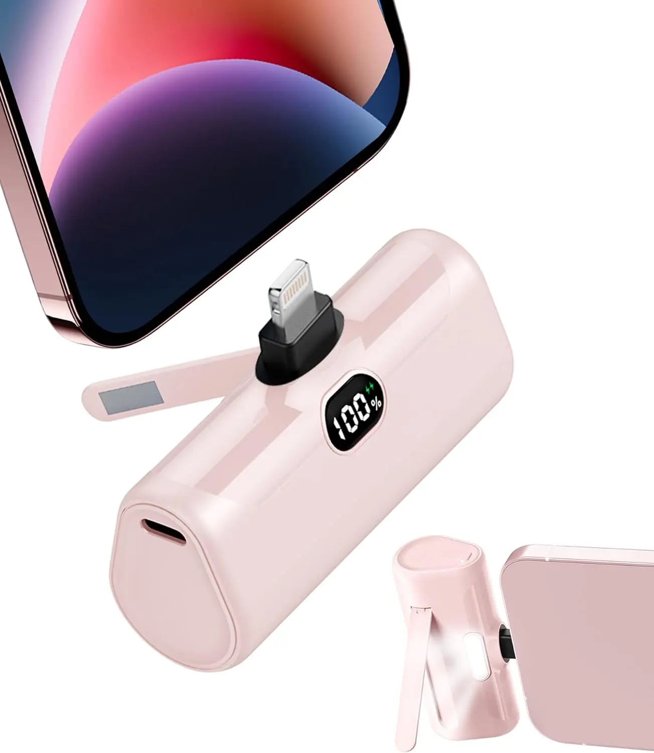 LUCKYDUO Mini Portable Charger for iPhone,5000mAh Ultra Compact Small Power Bank Built-in Phone Holder and LED Light,LCD Display Battery Pack for Travel,Compatible with 14/13/12/11/XR/SE/8/7 Pro Max