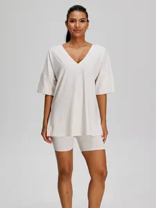 TexTale Women’s Breathable Cooling V-Neck Off-Shoulder Lounge Set Elastic High Waist 2 Piece Outfit