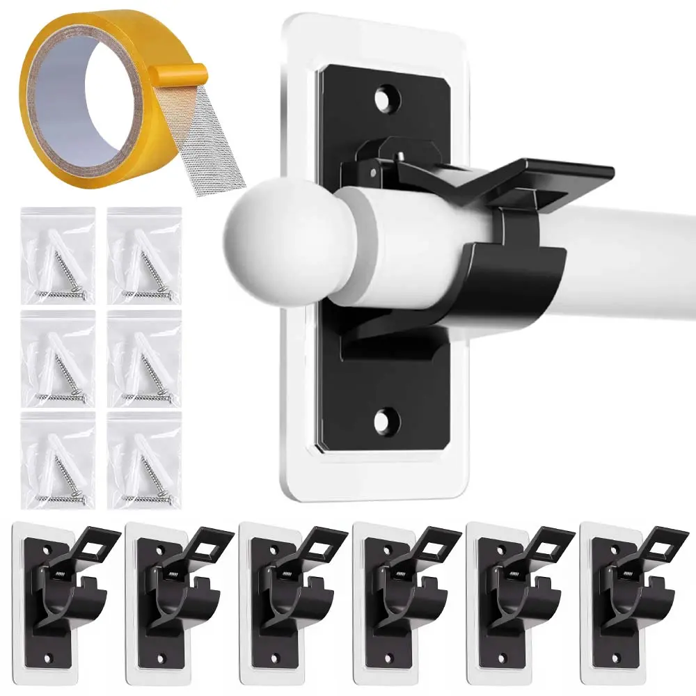 6Pcs No Drill Curtain Rod Brackets 17LB, Adhesive Curtain Holder Peel and Stick Wall Hanger, Fit Max 1.2'' Rod, Black, Renter Friendly Rods Hooks for Apartment, Bedroom, Living Room, Dorm - Home Improvement.
