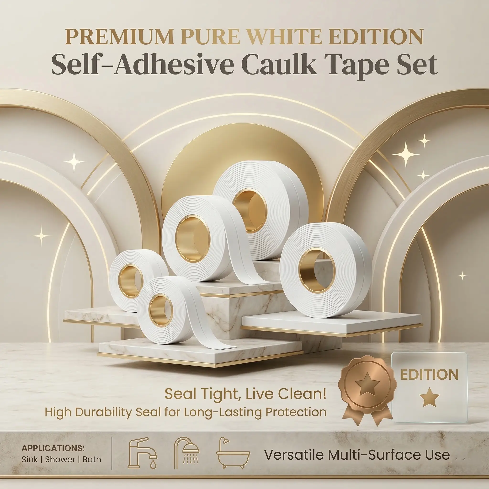 White Self-Adhering Caulking Tape (2.2 cm Wide, 3.2 m Long) - Waterproof, Durable Adhesive Seal Strip for Bathroom Toilet, Kitchen Sink Edges with Easy Application