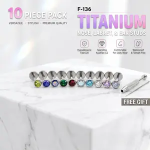 10pcs F136 Titanium Stud & Hoop 5A Zirconia Nose Ring Earring Hypoallergenic Titanium Brighter Than Diamond Bling Unisex Ultra-Light Frame Scratch-Proof Metal Luxe Body Jewelry