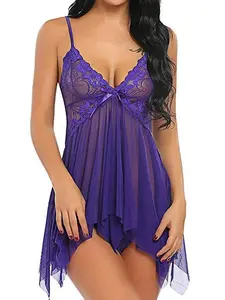 Women's Lingerie Sexy Lace Mesh Chemise Nightgown Sleepwear with Panty