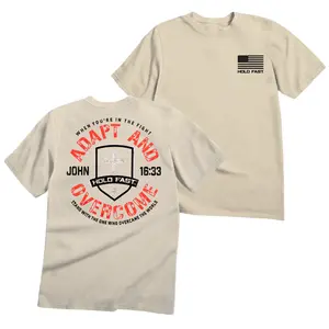 Adapt and Overcome John 16:33 Hold Fast Christian Cross Shield Graphic T-Shirt United States Patriotic Vintage Style Back Print Crewneck Short Sleeve Tee Unisex Casual Apparel