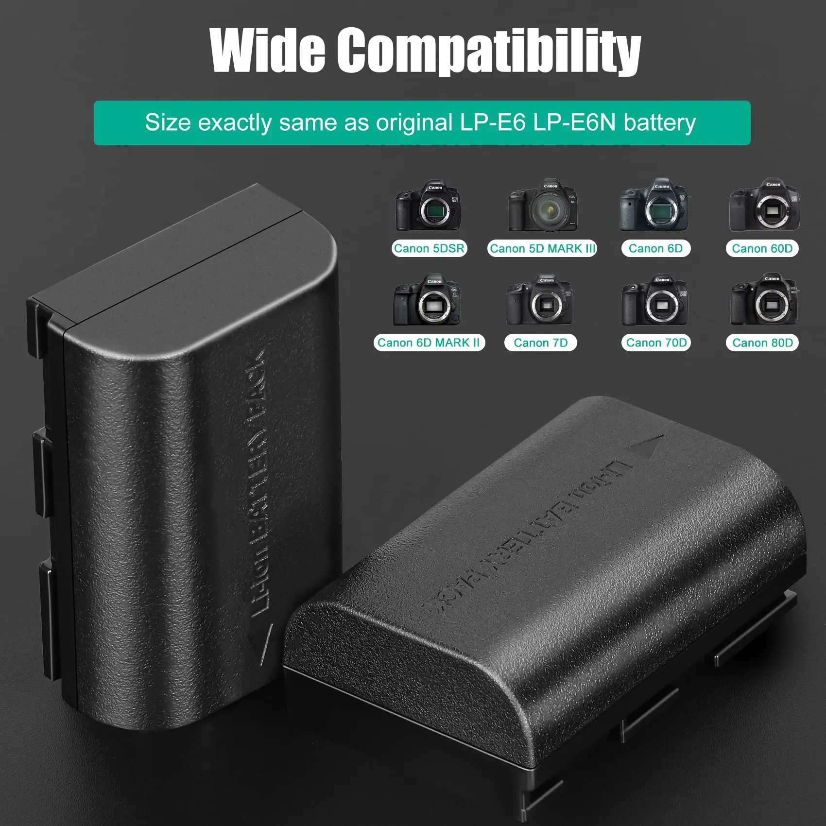 JYJZPB 2-Pack LP-E6N Batteries Replacement for Canon LP-E6/LP-E6NH/LP-E6P, Compatible with Canon EOS R, R5, 90D, 60D, 70D, 80D, 5D II, 5D III, 5D Mark IV, 6D, 6D II, 7D, 7D II, XC10, XC15 Cameras
