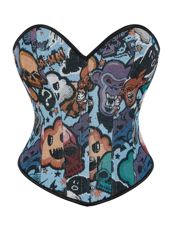 Women's Cartoon Print Jacquard Corset, Hook & Eye Front Strapless Crop Shapewear Tube Top for Daily Wear, Tummy Control Shaper for Women