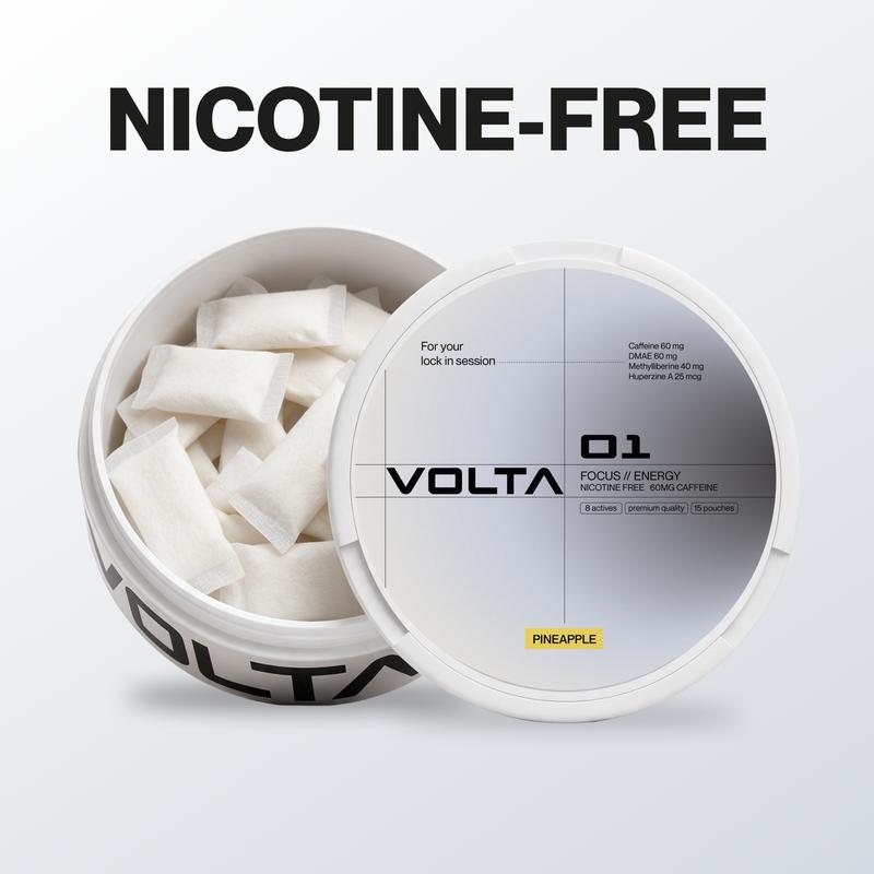 Volta 01 Energy & Focus Nootropic Pouches – Pineapple – Non-Nicotine, Caffeine 70mg + Dynamine – Clean Energy & Sharp Focus in 5 Minutes – 20 Pouches per Can
