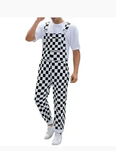 BINDEFON Checkered Pants Men’s Women’s Overalls Bib Coveralls Stretch Jeans Jumpsuit Black White Green Orange Festive Race Day Christmas Mardi Gras Party Work Utility Safety