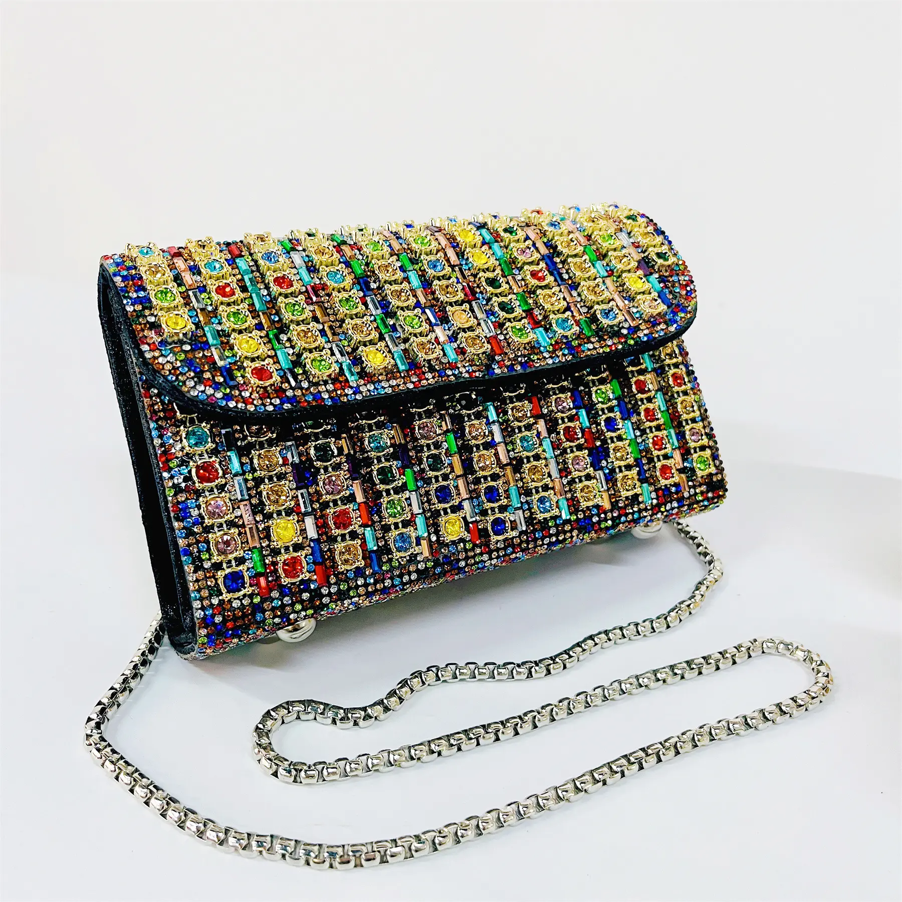 Women's Sparkling Rhinestone Evening Clutch Bag - Elegant Stylish Crossbody Purse with Chain Strap, Flap Design, Crystal-Like Accents for Wedding Party Prom, Multicolor, Gold, Silver
