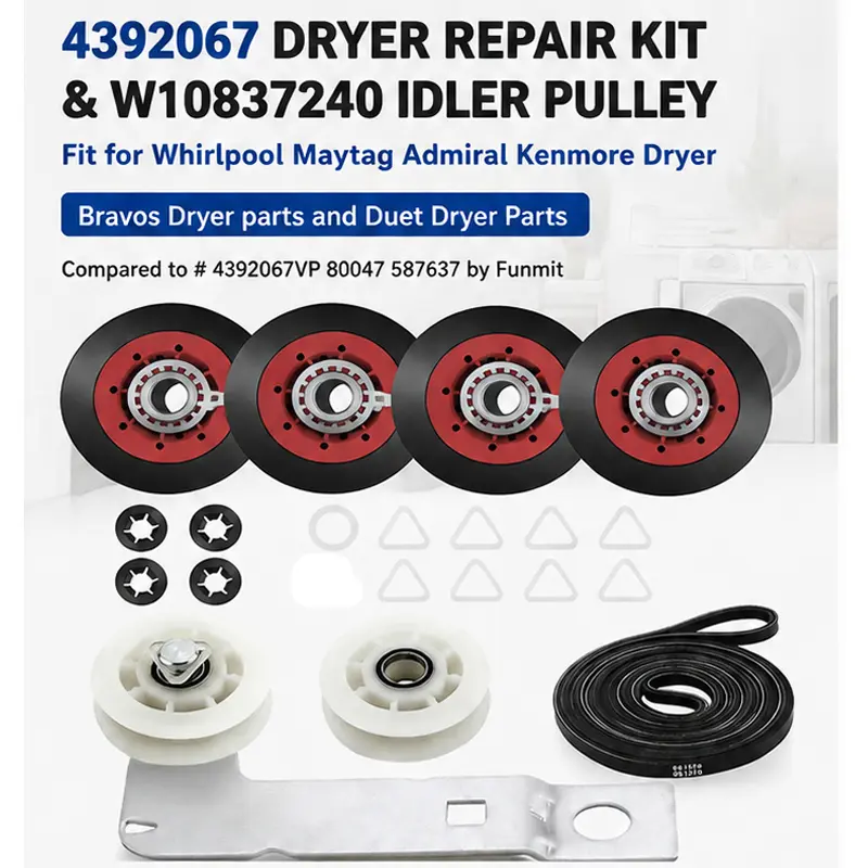 4392067 Dryer Repair Kit with W10837240 Idler Pulley - Replaces Whirlpool Cabrio Duet Maytag Bravos XL Kenmore Elite, Includes WPW10314173 & 661570V & 279640
