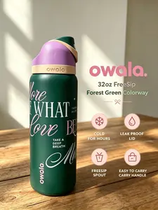 32oz Owala FreeSip Stainless Steel Water Bottle, Forest Green Base with Pink Love Words Graphic, Vacuum Insulated, Leak Resistant FreeSip Spout Lid, Portable Reusable Travel Bottle for Sports Office Daily Use