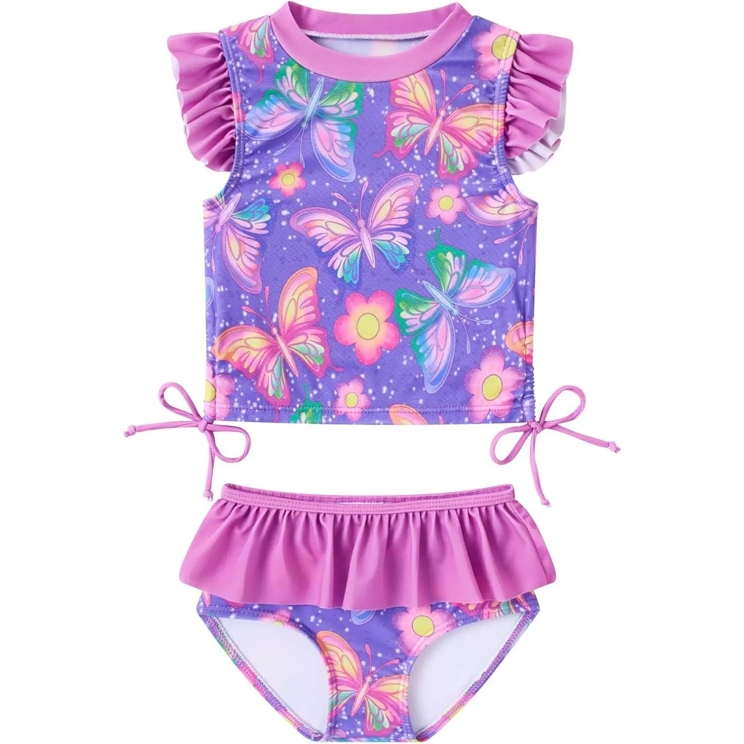 Toddler Girls' Ruffled Tankini Swimsuit, Patterned 2 Piece Set in Soft Polyester & Spandex, Beachwear for All-day Fun, Two Piece Set, Bow Ties