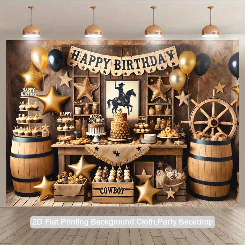 1PC 2D Flat Western Theme Birthday Banner - Rustic Brown/Gold, Cowboy & Dessert Elements, Lightweight Polyester Tapestry, Adhesive Strips for Easy Setup, Power-Free Indoor/Outdoor Party Decoration Supplies, Ideal for Wedding Planners