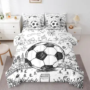 7 Piece Boys Soccer Comforter Bed Set with Sheets,Football Field Teen Boy Bedding Setstyle Black White Sports Games Kids Bed Bag,Hand Drawn Style Bed Set