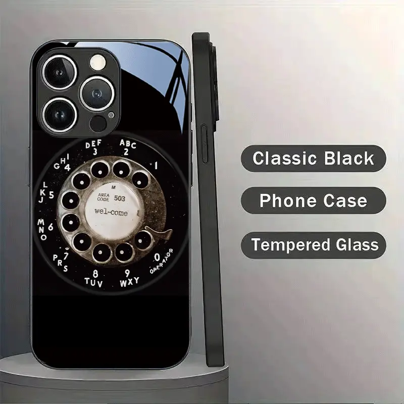 Phone Case: Vintage Rotary Dial Pattern Tempered Glass Phone Case for iPhone 16/16 Plus/16 Pro/16 Pro Max/15/15 Plus/15 Pro/15 Pro Max/14/14 Plus/14 Pro/14 Pro Max/13/13 Pro/13 Pro Max/13 Mini/12/12 Pro/12 Pro Max/12 Mini/17/17 Pro Max/X/XS/XR/XS summerwi