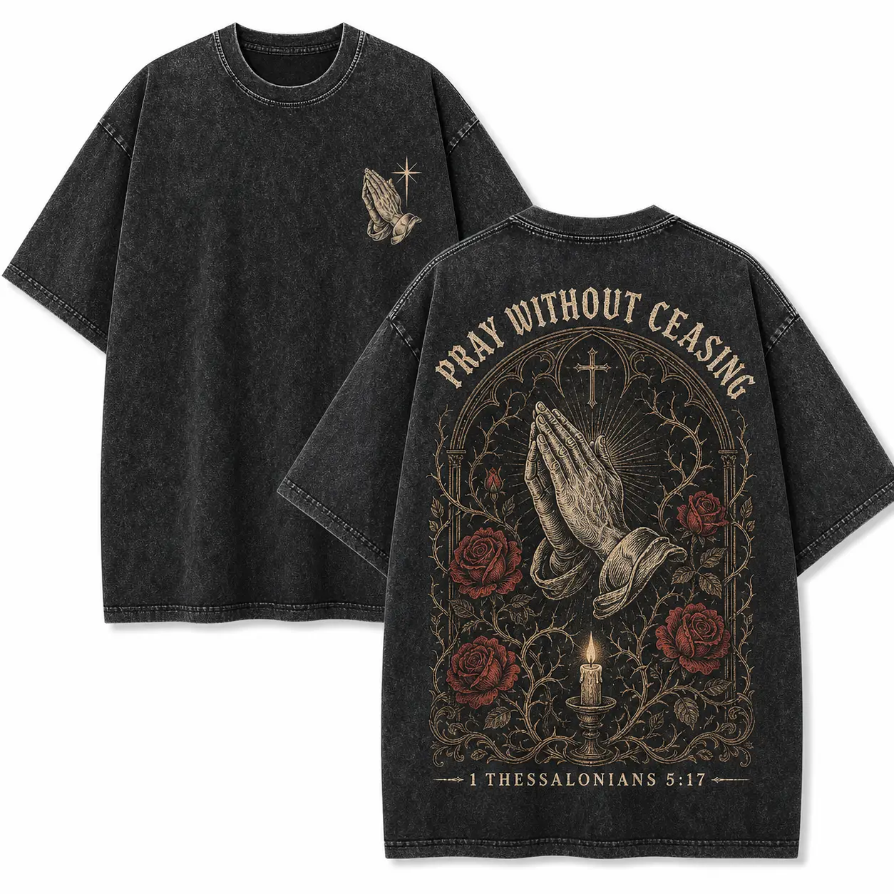 Vintage Distressed Menswear T-Shirt, Men's Oversized Cotton Tee with 'Pray Without Ceasing' Religious Graphic, Casual Round Neck Shortsleeve Top