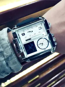Tech Retro Casual Watch, Trendy Multifunctional Watch, Silver Color Alloy Square Case, Dial Triple Display, Leather Strap, Multi-Time Zone Design