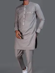 Two-Piece Set Men's Embroidery Kurta Top & Pants Set, Elegant Formal Split Hem Long Sleeve Top & Trousers for Party Wedding Guest, Menswear for All Seasons