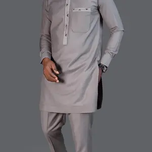 Two piece men's embroidered top and pants set, elegant formal split style long sleeved top and pants, suitable for party and wedding guests, all season men's clothing