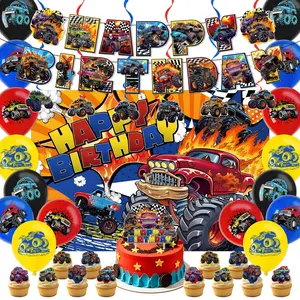 37-Piece Big Truck Theme Birthday Party Decoration Set, Includes Big Truck Paper Banner, Spiral Decor, Cake Toppers, Balloons, Backdrop Perfect For Big Truck Party Supplies
