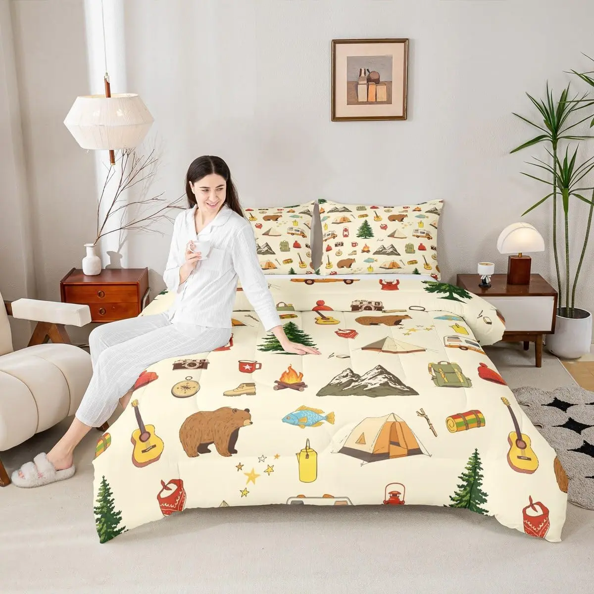 Camping Adventure Comforter Set Room Decor Cartoon Bear Tent Mountain Tree Quilt Set Outdoor Life Bedding Set Traveling Lover Duvet Insert