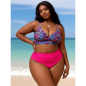 Bold Multicolor Leopard Print Plus Size Bikini - Wrap V Neck Top with High Waist Pink Ruched Bottom - Tummy Control Two Piece Swimsuit with Padded Cups for Curvy Women Beach Poolside Summer 2026