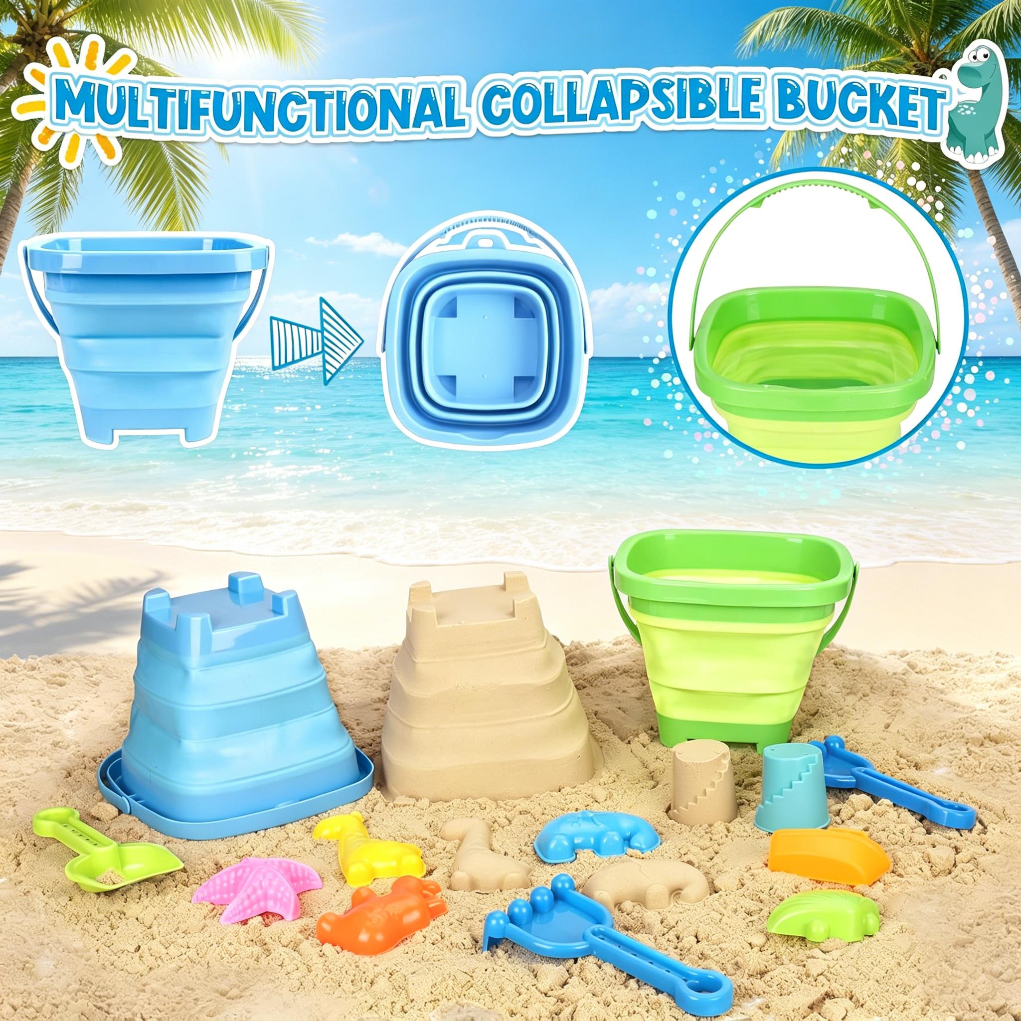 Kids Beach Sand Toys Set with 2 Construction Vehicles & Collapsible Buckets