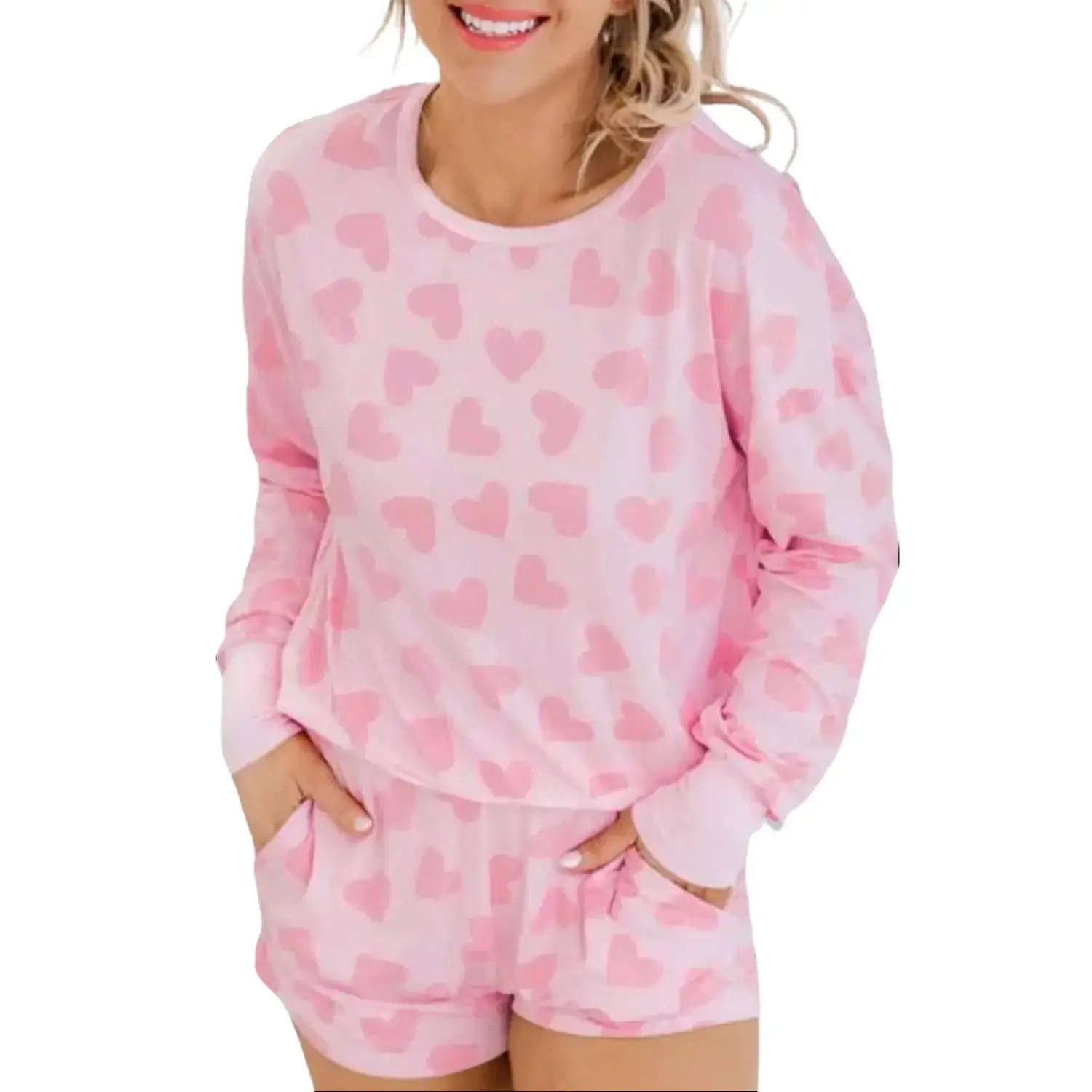 Pink Valentine Heart Shape Print Long Sleeve Top Shorts Lounge Set