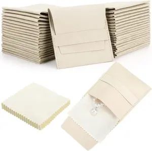 120 Pcs Microfiber Jewelry 8x8cm Packaging Bag Luxury Gift Fixed Strap Envelope Style Packaging with Cloth(Beige)