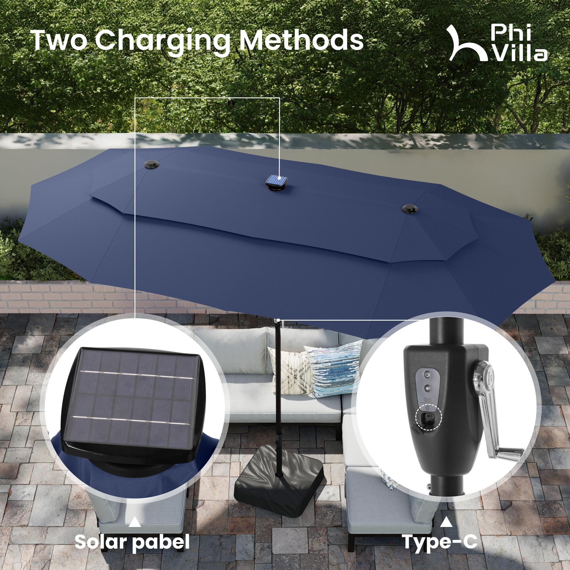 [2026 Upgrade] PHI VILLA 13/15FT Double Layer Patio Umbrella with 36 Solar LED Lights, Wind-Resistant Large Outdoor Rectangular Umbrella with Base, SpringGlowUp