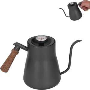 Pour over Coffee Kettle with Thermometer, 850ml Goose Neck Kettle Pot Induction Kettle Stovetop Stainless Gooseneck Kettle with Wood Handle
