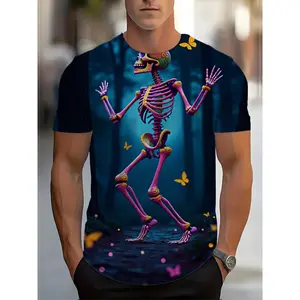 Men's Polyester 3D Print Neon Skeleton Streetwear T-Shirt - Casual Round Neck Short-Sleeve Top, Colorful Clothes with Vibrant Dancing Skull, Glowing Flowers & Butterflies in Mystical Forest for Summer Parties, Daily Wear