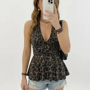VYNCE Plus Size Women's Retro Sexy Individual Fashion Avant-Garde Urban Modern Millennial Style Y2K Leopard Print Pattern Waist Gathered Deep V Halter Neck Loose Hem Fitted Top, Going Out Tops