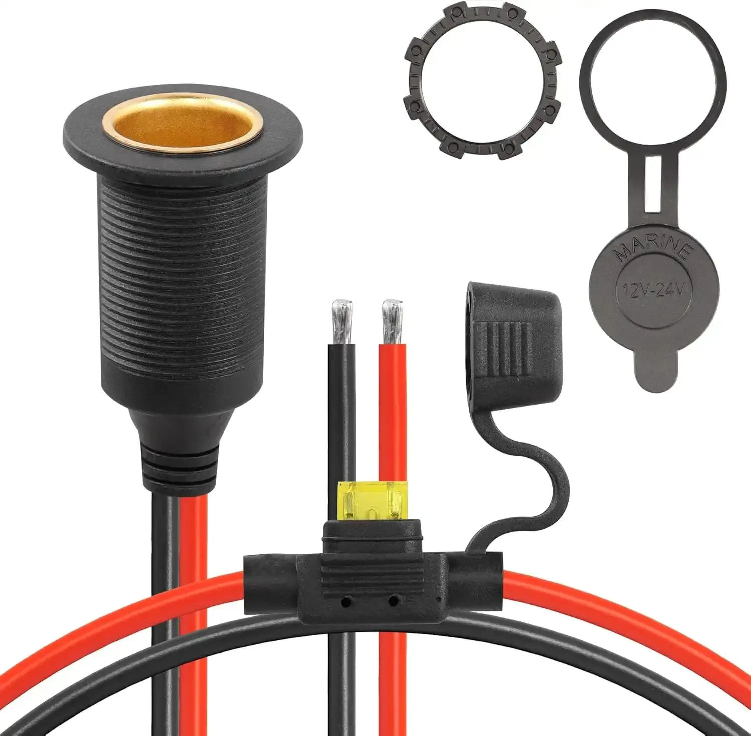 12V/24V Fixed Thread Female Cigarette Lighter Socket Extension Cable, 20A 13AWG 2.5mm² Waterproof Easy-Install Replacement with 20A Fuse Protection for Cameras, Lawn Mowers (0.3m/1ft,1m/3.2ft,2m Options, Compatible with Mobile Phones)