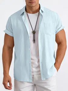 Men's Fine Stripe Short Sleeve Collared Shirt, Casual Solid Color Button Front, Fitted Pockets Design, Spring & Fall Fashion