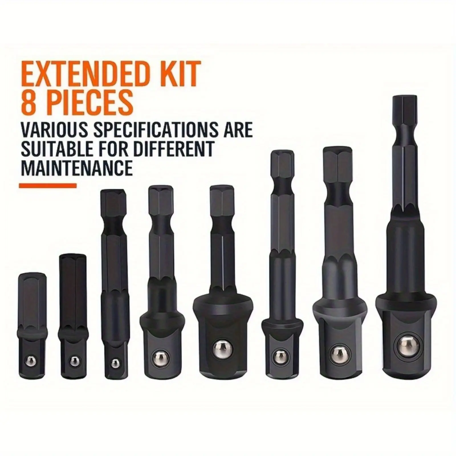 8-Piece Adapter Set, Ball Lock Extension Rods, Universal Wrench Extension, 1/2 Inch, 1/4 Inch, 3/8 Inch Drive, Hex Shank Socket Connectors, Tool Accessories, Wrench Extend Rod, Wrench Extender Tool
