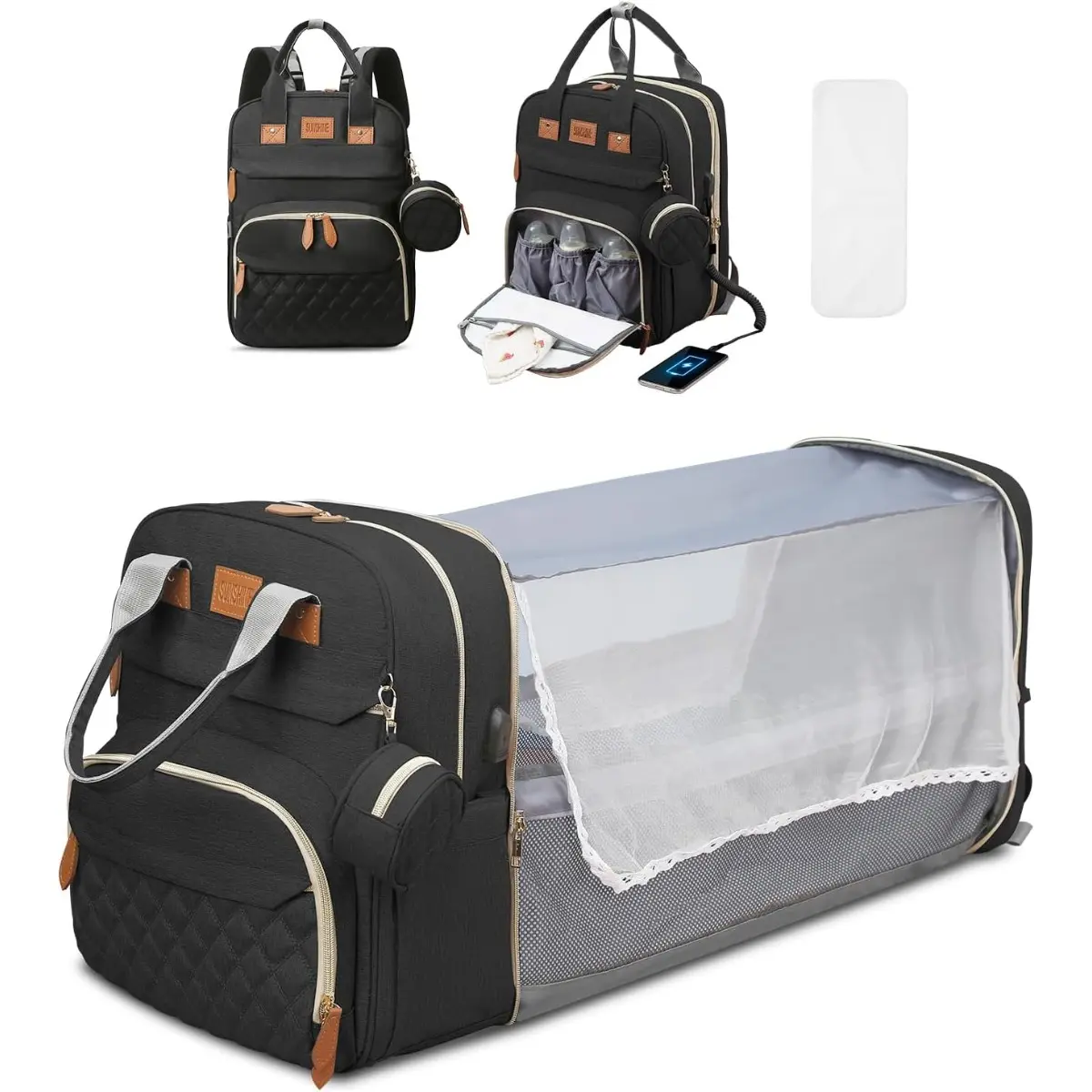 Large Diaper Bag With Changing Station, Foldable Diaper Bag Backpack With Bed , Lightweight Waterproof Diaper Bag for Girls  Insulated Pockets and USB Charging Port diaper carrier