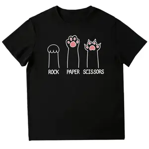 Chic Cat Lover’s Tee – Funny Rock Paper Scissors Cat Paw Design, Cotton Womenswear