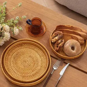 3-Piece Vietnamese Woven Basket Set, Bread Fruit Snack Picnic Basket, Elegant Handmade Table Basket, Kitchen Dining Essential
