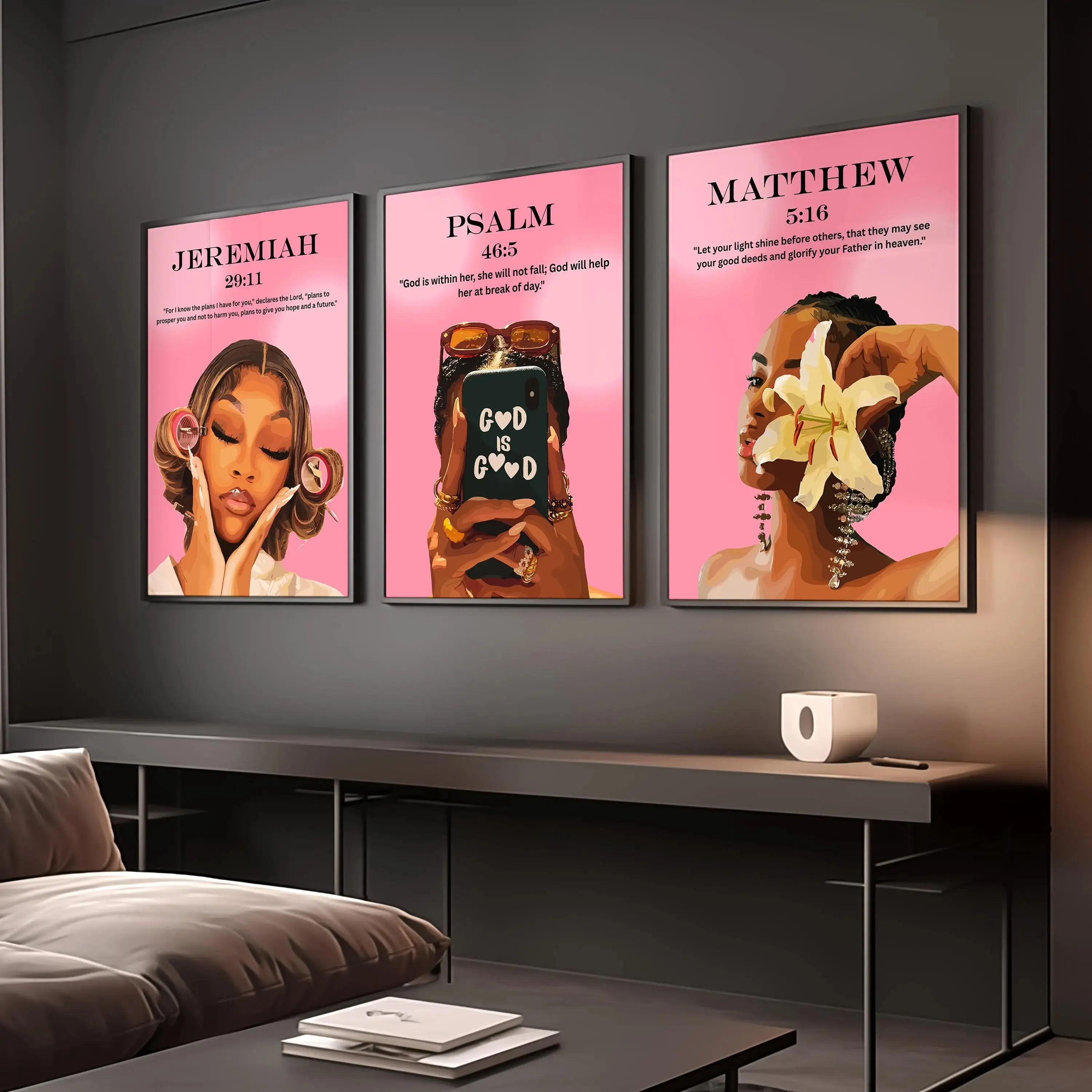 Set-of 3 Pink Coquette Bible Verse Poster Unframed , Christian Wall Art, Black Woman Art