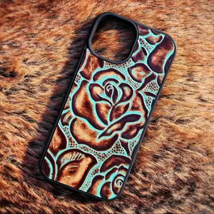 Real Leather Phone Case For iPhone 6 7 8 X XS XR 11 12 13 14 15 16 17 Pro Max Mini Air Plus SE + Rose Embossing