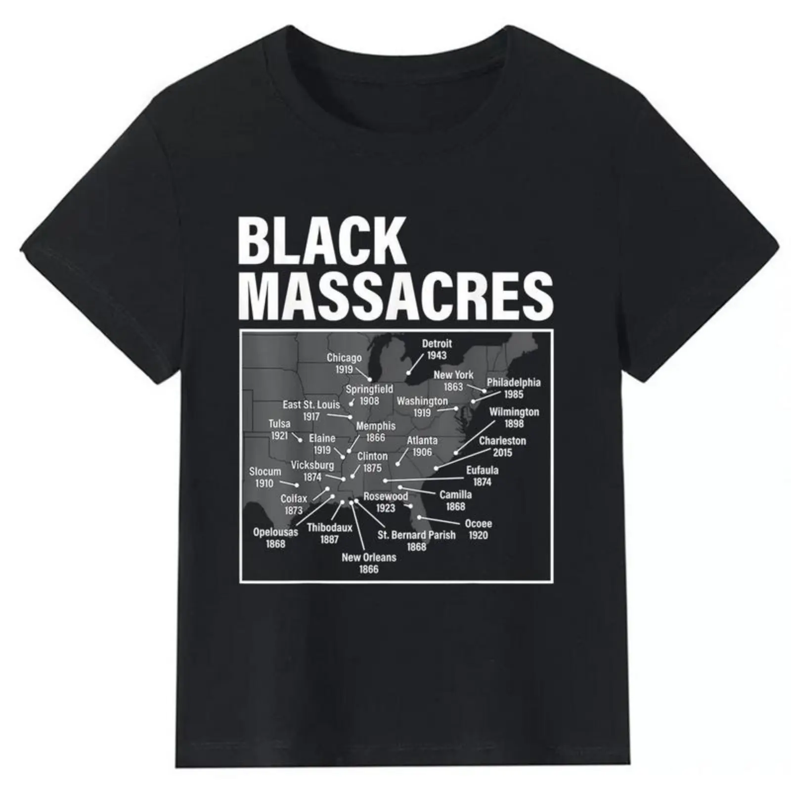 Men's Black Massacres T-Shirt with History Map Graphic, Casual Short Sleeve Crew Neck Top for African American History Awareness, Apparel T Shirt