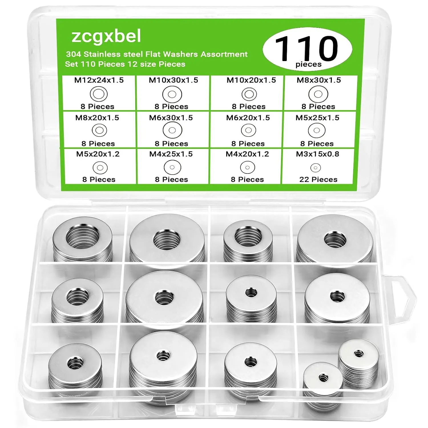 110 Pack Stainless Steel Washer Set – 12 Sizes M3-M12 Flat Fender Washers for Home Repair, Automotive, Industrial & Hardware Projects